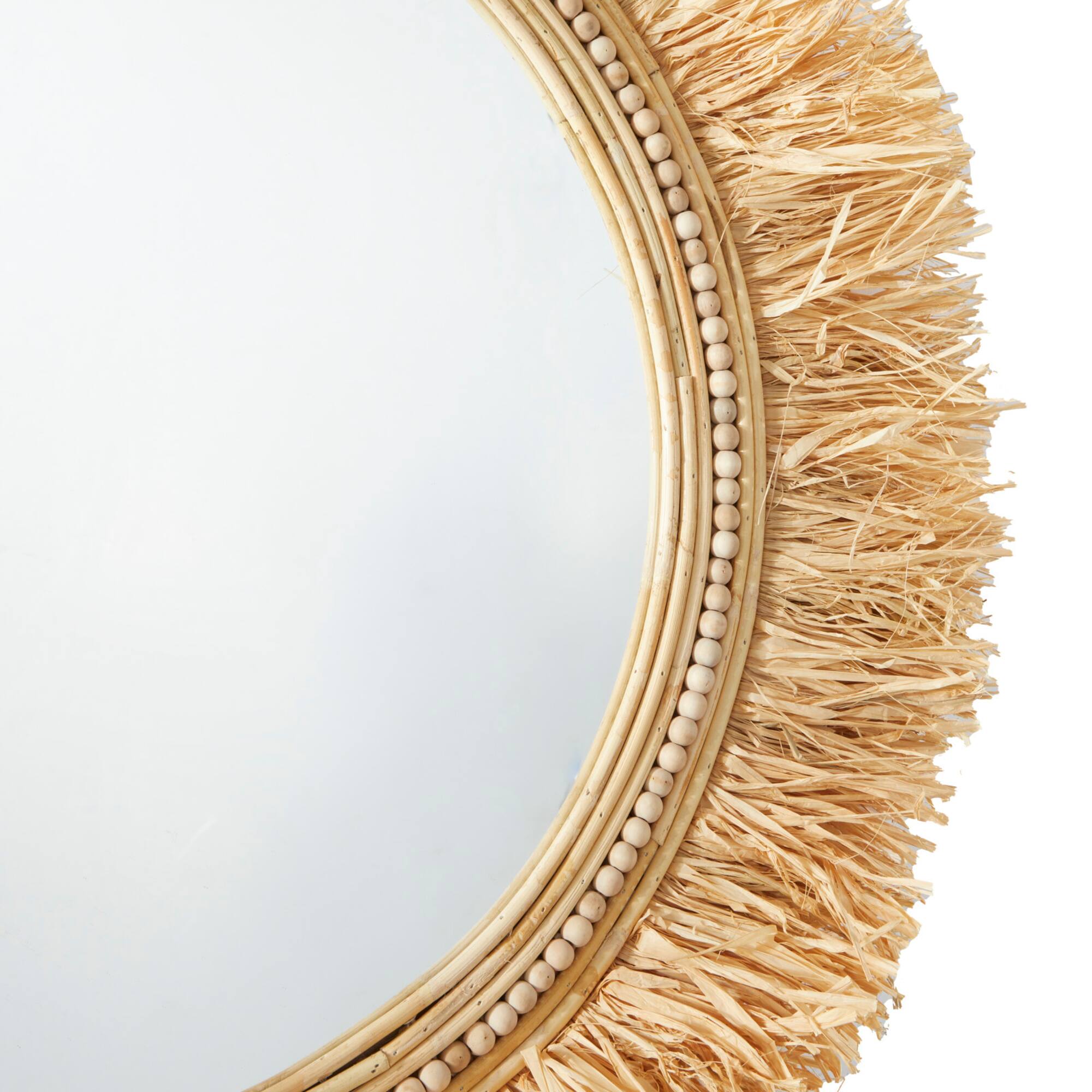 Light Brown Seagrass Wall Mirror with Fringe Detailing 35" x 1" x 35"